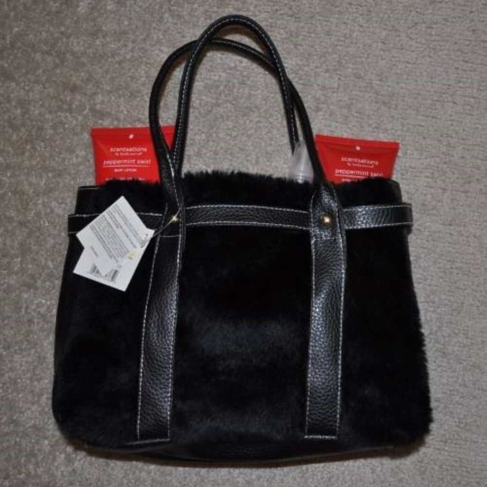 Bath & Body Fur Purse Tote Black Large 4 Pc Gel Lotion Gift Set Peppermint